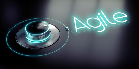 Agile - rotary knob and glowing word - 3D illustration
