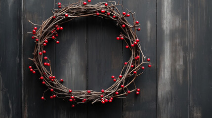 Christmas grapevine wreath with red berries hanging on black wooden door