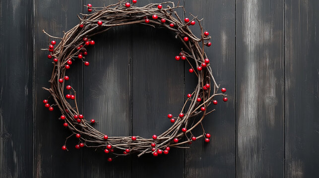Christmas grapevine wreath with red berries hanging on black wooden door