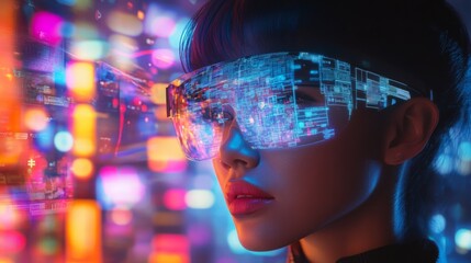 A young woman wearing futuristic glasses views holographic digital data projections. The vibrant, multicolored background suggests a nighttime urban setting.
