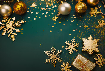 christmas background with golden balls and snowflakes 