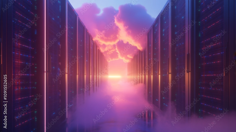 Poster the interior of a data center showcases rows of servers glowing in bright hues, complemented by vivi
