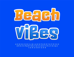 Vector travel logo Beach Vibes. Funny Blue Font. Set of unique Alphabet Letters and Numbers