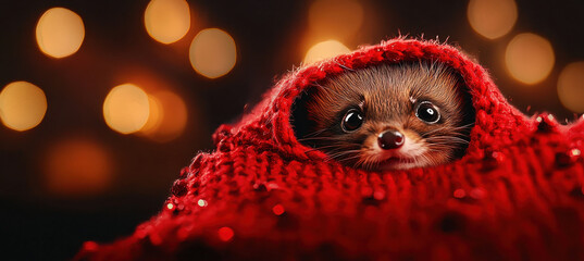 Ferret peeking from cozy red stocking with festive lights