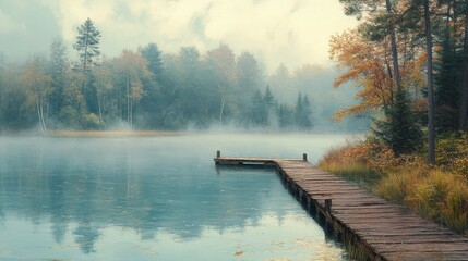 Fototapeta premium Serene Autumn Lake Mist Wooden Dock Scene