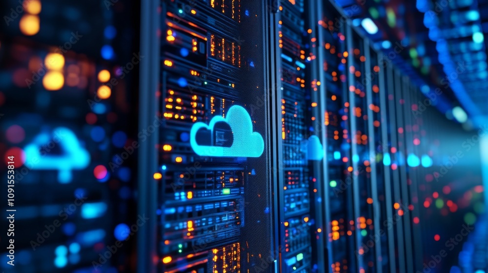 Poster A row of server racks in a data center. The racks are lit with blue and orange lights. A blue cloud icon is illuminated on one of the racks.