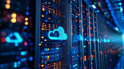 A row of server racks in a data center. The racks are lit with blue and orange lights. A blue cloud icon is illuminated on one of the racks.