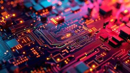 Obraz premium Close-up of a circuit board with glowing lights, showcasing the intricate network of technology.