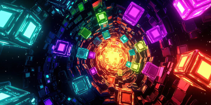 A colorful spiral of cubes with a yellow center - Powered by Adobe