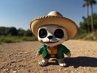 Day of the Dead Figurine, A charming, whimsical figure of a skull-faced dog wearing a sombrero and green jacket stands on a dusty path against a backdrop of a sunny, blue sky.