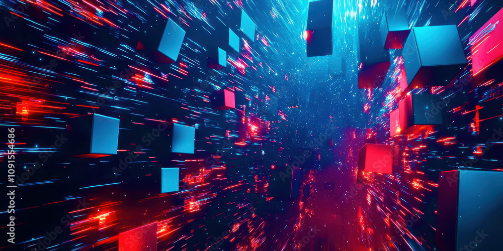 Poster A computer generated image of a space filled with blue and red cubes