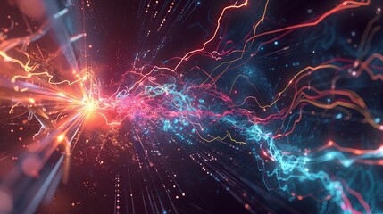 Obraz premium Abstract digital art with glowing lines and particles in shades of blue, red, and yellow.