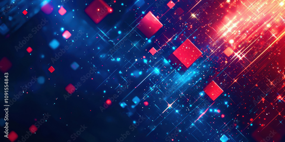 Poster a colorful background with red and blue squares and stars