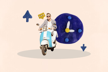 Composite photo collage of happy man ride scooter moped time regime arrow destination bubble sms...