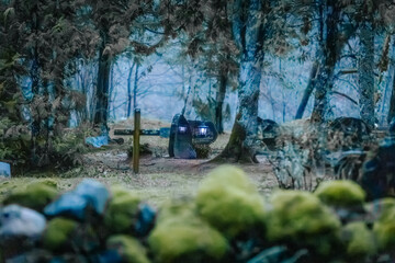 A dimly lit forest scene featuring trees, moss-covered ground, and glowing lanterns, evoking a...