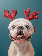 French Bulldog with reindeer headband