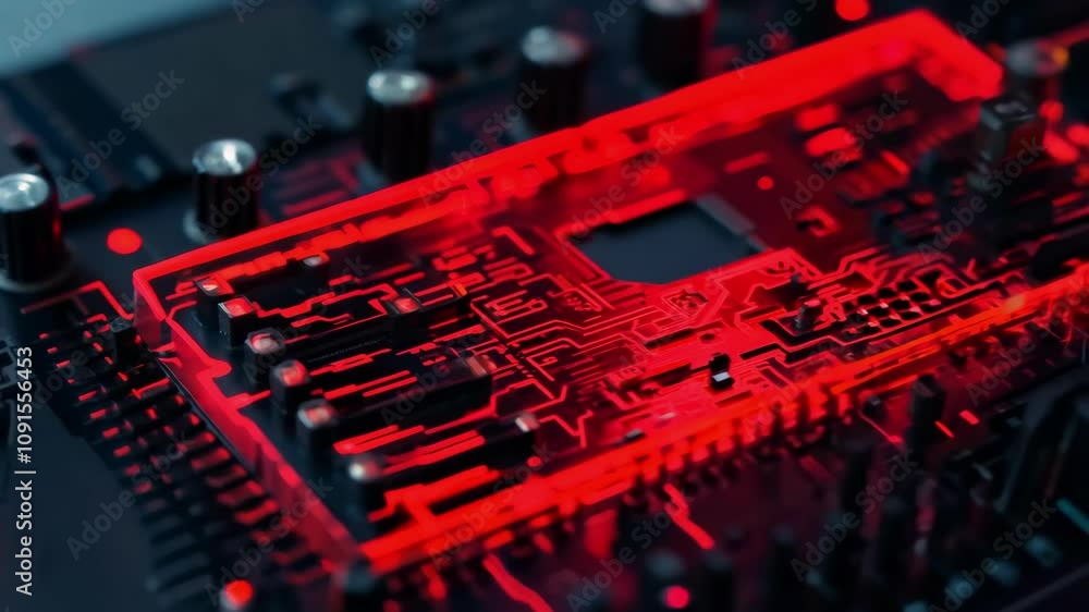Poster a close examination of a glowing circuit board highlights the complex pathways and components during