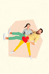 Trend artwork banner sketch 3D photo collage of funny valentine day young lady hand hold guy...