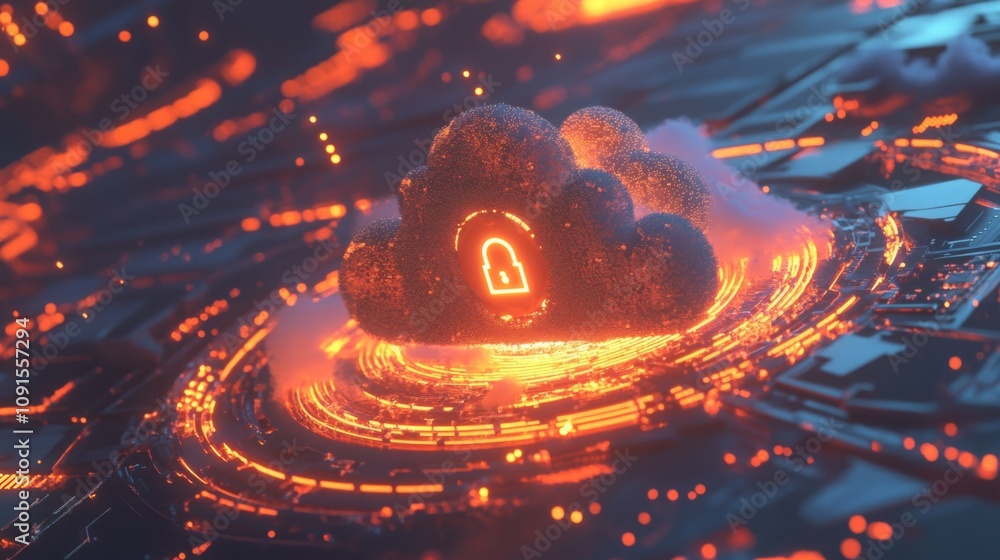 Poster A digital cloud adorned with a lock symbol emits a vibrant glow amidst a network of circuits, representing themes of cybersecurity and protection in a futuristic environment rich in technology.