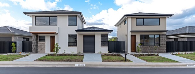 Fototapeta premium New modern homes under construction with black fencing against a clear blue sky