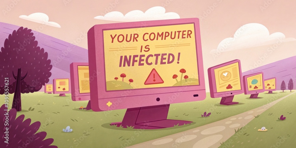 Poster an animated digital landscape filled with oversized popup windows that bounce playfully. the colors 