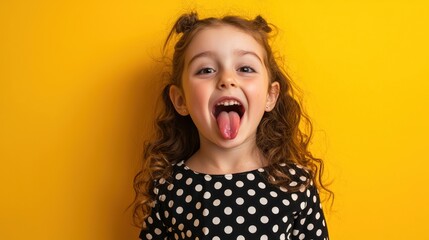 A Caucasian girl in a polka dot shirt sticking out her tongue with a funny expression against a bright yellow background.
