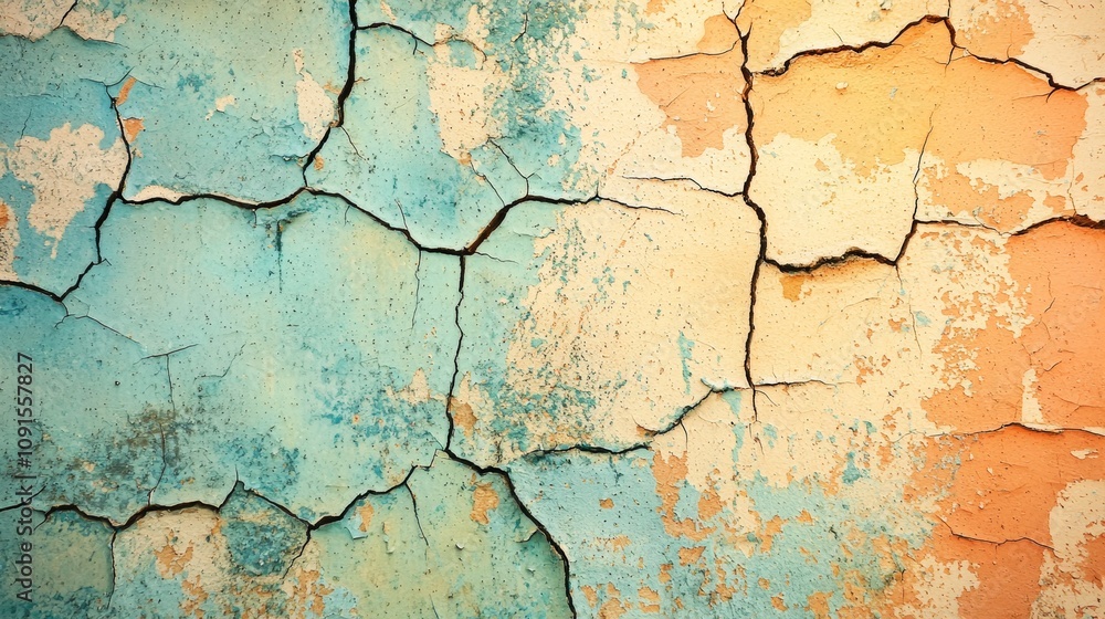 Poster close-up view of a cracked wall revealing multiple layers of paint in various colors, creating an ab