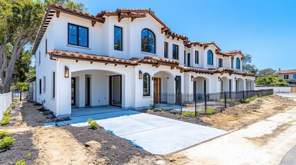 Naklejka premium Modern townhouses under construction with fresh white walls and blue accents on a sunny day
