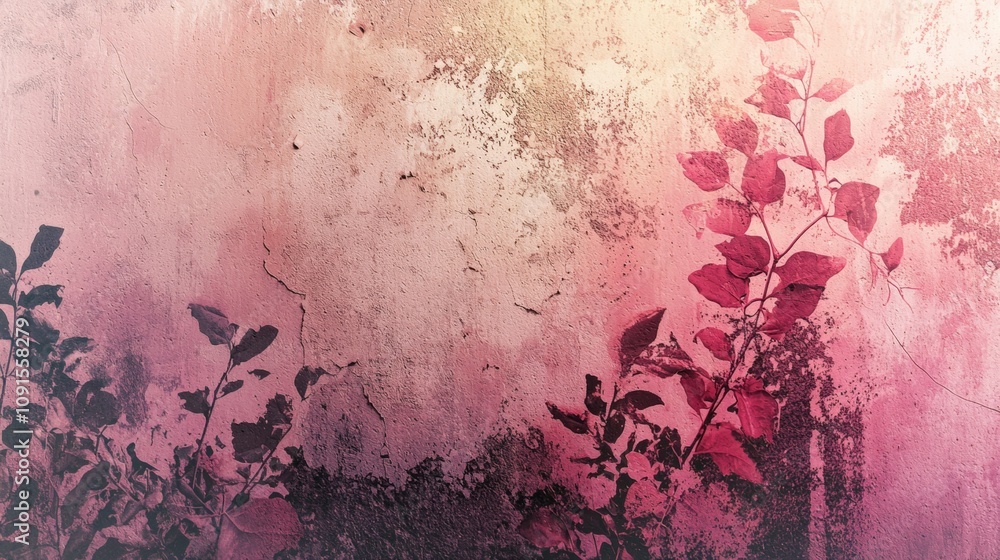 Poster branches with leaves are growing over a pink and purple grunge wall, creating an artistic and textur
