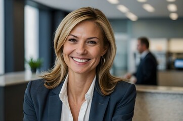 Smiling bank employee at a modern counter, representing high-quality customer care and banking solutions.