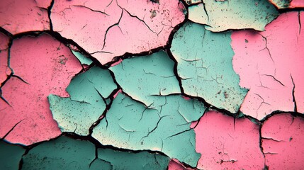 Obraz premium Pink and turquoise cracked paint layers are creating an abstract pattern, revealing dark gaps underneath, suggesting age and deterioration but also offering an interesting visual texture