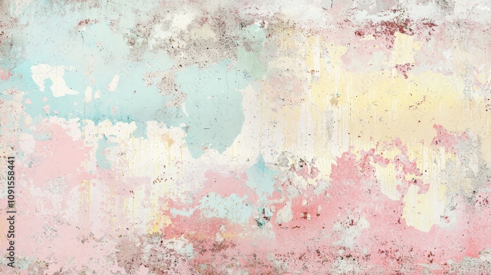 Poster multicolored pastel hues blend together on a weathered concrete wall. creating an abstract pattern o