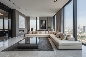 ラグジュアリーなモダンなインテリアのリビングとパノラマビュー  | Luxury Modern Living Room with Panoramic View