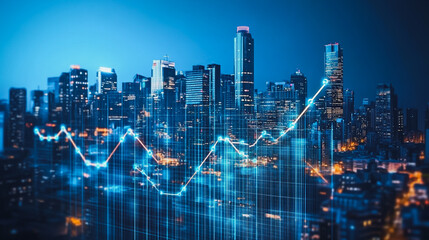 Obraz premium Smart digital Innovation Business skyscrapers in the Financial District with connection network reciprocity over the cityscape. of future smart wireless digital city and social media networking