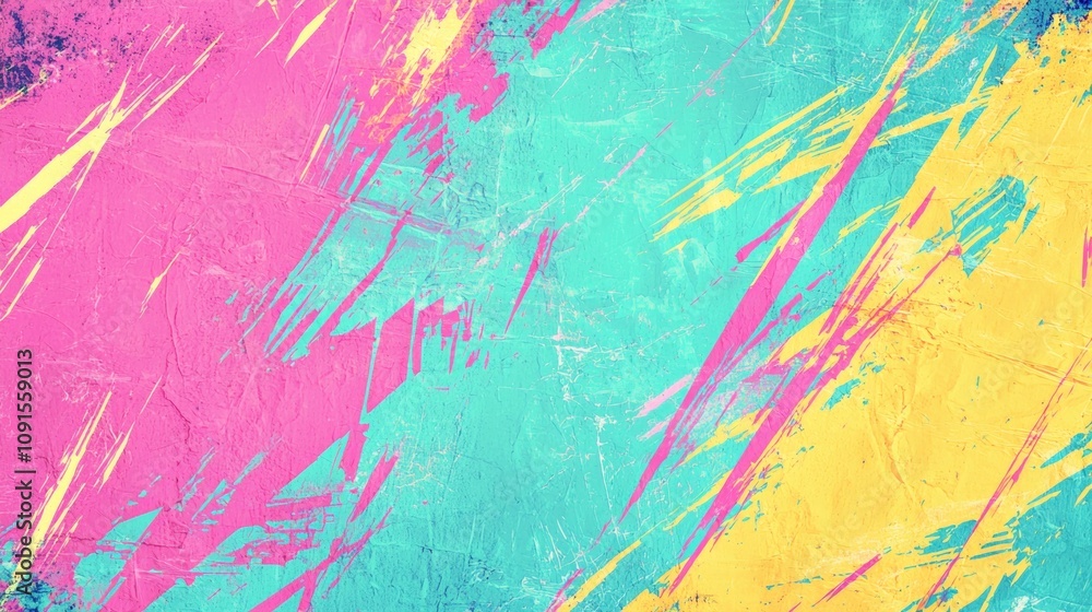 Poster pink, yellow and turquoise brushstrokes create a vibrant and dynamic abstract background, with a tex