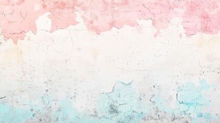 Fototapeta premium Pink, white and light blue layers of paint are peeling from an old concrete wall, creating a textured and colorful abstract background