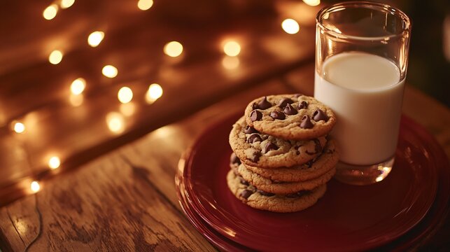 A close up of chocolate chip cookies stacked on a red plate, next to a glass of milk on a wooden table with glowing string lights