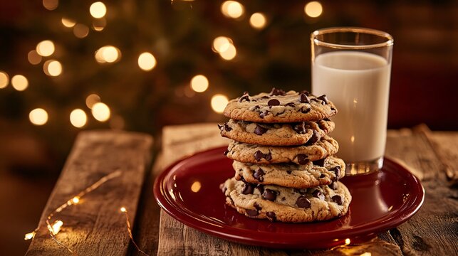 A close up of chocolate chip cookies stacked on a red plate, next to a glass of milk on a wooden table with glowing string lights - Powered by Adobe