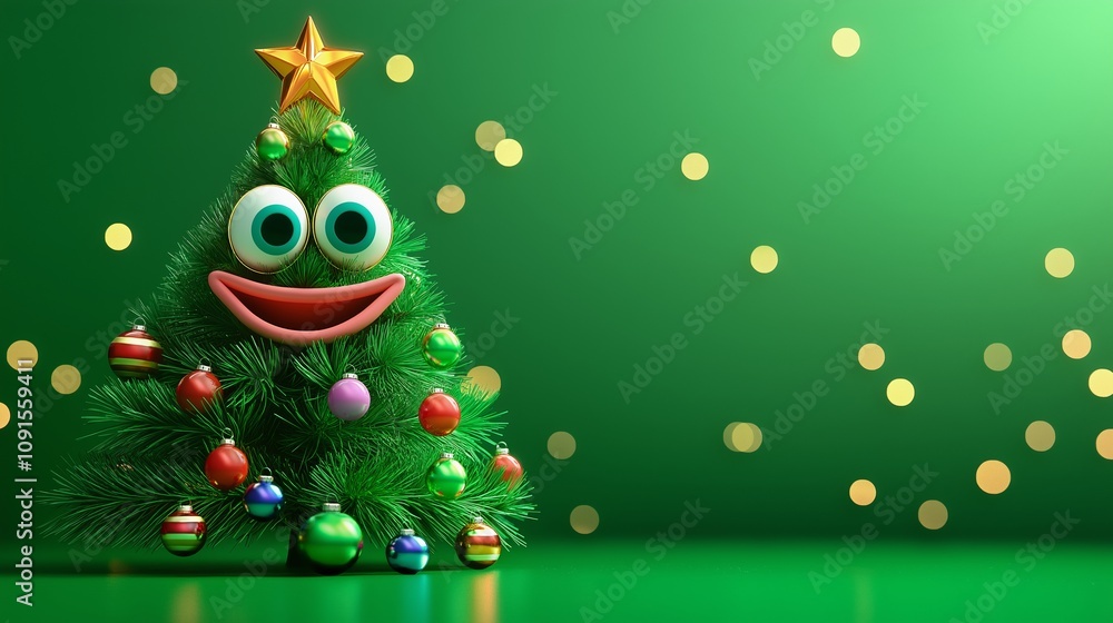 Aufkleber 3d rendering of a smiling christmas tree with colorful ornaments and a gold star on top, set against