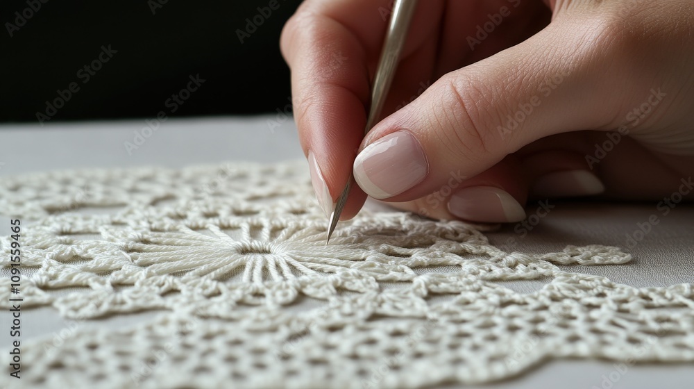 Poster intricate handcrafting of delicate lacework with a skilled artisan's touch in a close-up shot highli