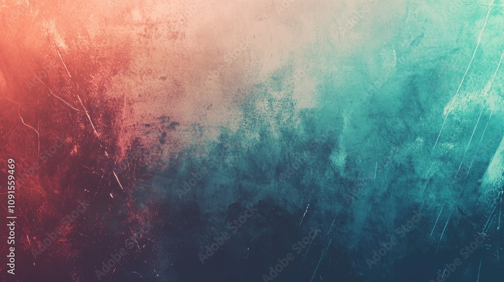 Poster gradient background shifting from red to teal, featuring scratches, textures and grunge effects, sui