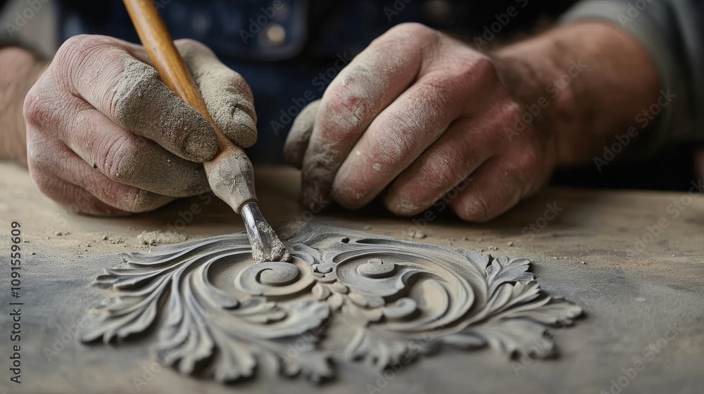 Poster Skilled artisan working with intricate carving tools to create detailed ornamental design on soft clay surface, showcasing craftsmanship and attention to detail in sculpting art