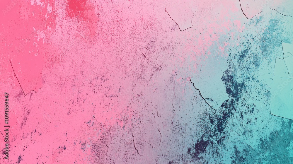 Poster gradient changing from pink to blue on grunge wall with cracks and peeling paint creating interestin