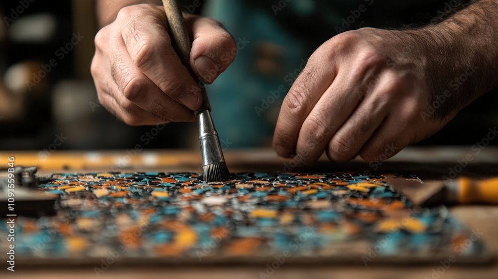 Poster detailed craftsmanship of a skilled artisan working with colorful materials in a workshop setting, s