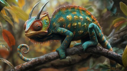 Naklejka premium A vibrant chameleon perched on a branch, showcasing its colorful patterns in a lush green environment.