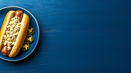 Fototapeta premium Bright and clean hot dog-themed background, highlighting a single hot dog on a wooden surface for versatile food photography