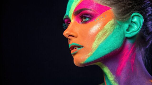 The face is a canvas of colors with the upper left section spanned by a brilliant electric magenta striking a note of drama. The upper right contrasts with a vivid neon green