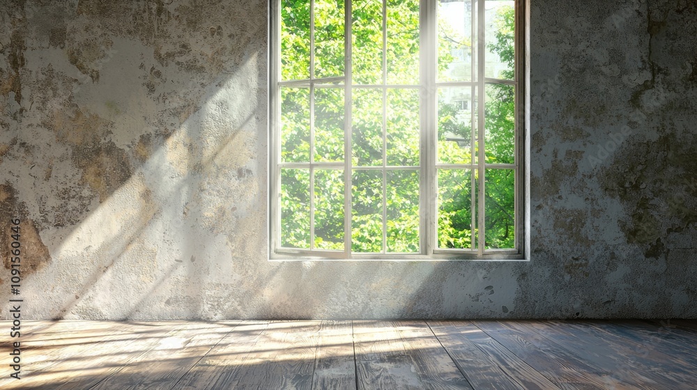 Poster sunlit rustic room with large window and leafy view