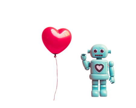 a blue robot and a red balloon