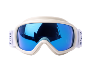 a white ski goggles with blue lenses